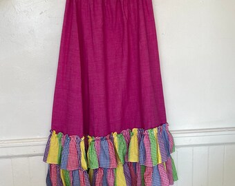 Vintage 1970s Peasant Skirt Beverly Page Pink Rainbow Ruffle Elastic Waist