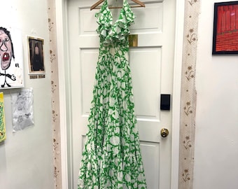 Vestido largo estilo campestre vintage de los años 60 con cuello halter y estampado floral, sin espalda, estilo campestre, primavera y verano.