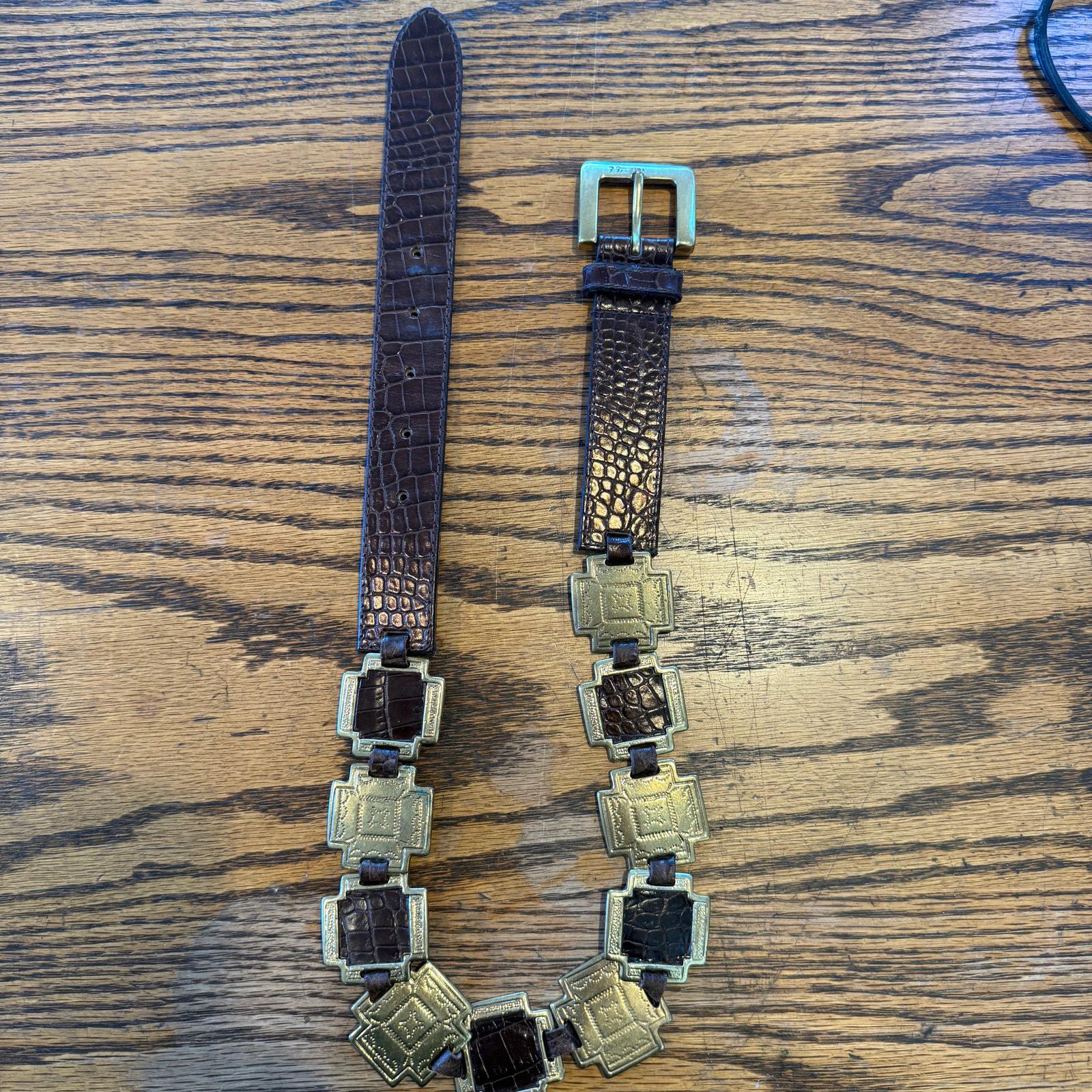 Vintage 1980s Brown Embossed Leather Gold Hardware Waist Belt Boho Chic Italian Vintage Albatros 009251 Brown Italian Leather Ornate Enamel  main image 3