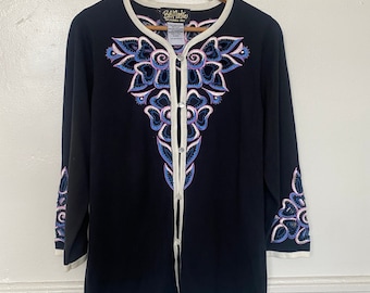 Vintage Bob Mackie Button-Up Sweater Black with Blue Flowers