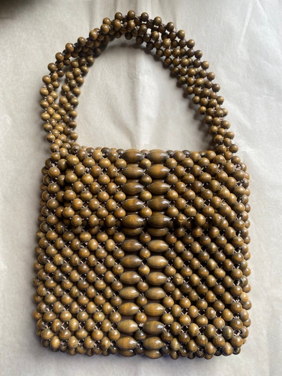 Vintage 1970s Wooden Beaded Purse