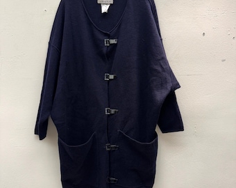 Vintage 80er Jahre I Magnin Navy Blau Long Strickjacke Pullover Schnalle Verschluss Fledermausflügel