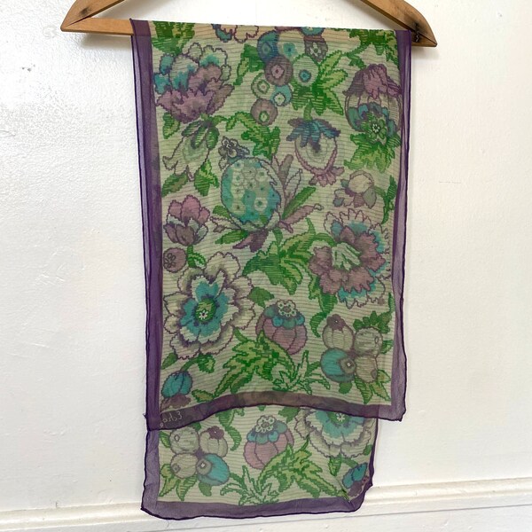 Vintage Floral Silk Scarf Echo Green Purple Border Spring Summer