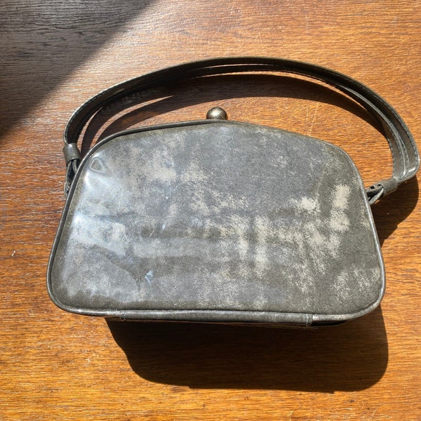 Vintage Gray Patent Leather Gold Hardware Hinge Purse