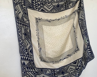 Vintage 1970s Blue Grey Vera Neumann Silk Scarf Geometric Polka Dot