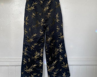 Vintage Black Silk Bamboo Pattern Cropped Pants Fully Lined Small