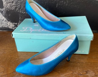 Vintage Turquoise Blue Satin Brasher's Pump Heels Size 5