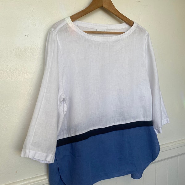 J Jill Linen Black Blue White Color Block Blouse Top