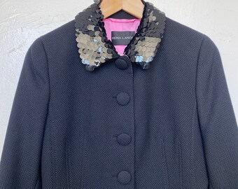 RENA LANGE Black Sequin Blazer Pink Lining Designer Virgin Wool