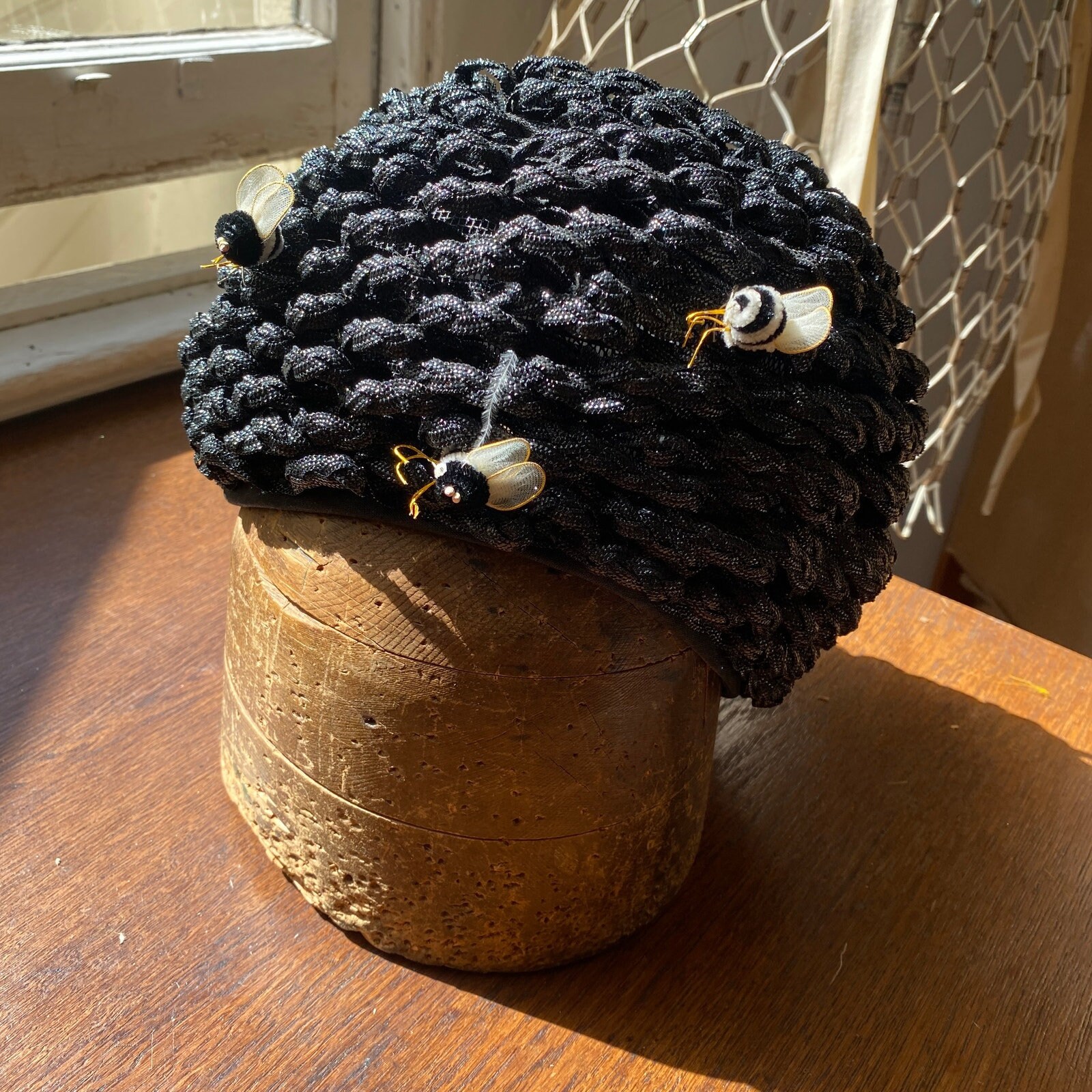 Vintage 1960s Black Beehive With Bees Millinery Hat Gee Bee 