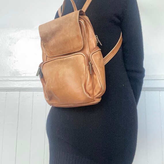 Vintage 1990s Style Tan Leather Backpack 5 Pocket… - image 6