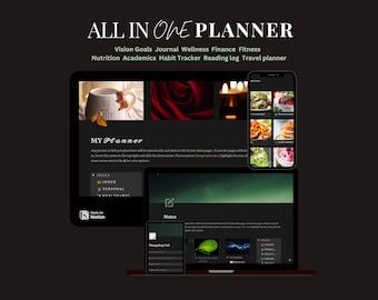 Notion Planner, organizador de vida digital con metas, tableros de visión, bienestar, finanzas y seguimiento de horarios.