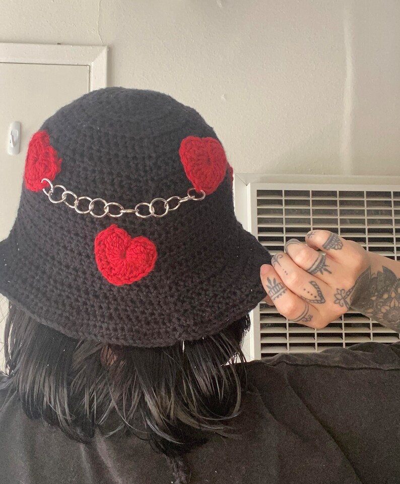 Crochet Bucket Hat, Heart Bucket Hat, Handmade Bucket Hat, Black Bucket