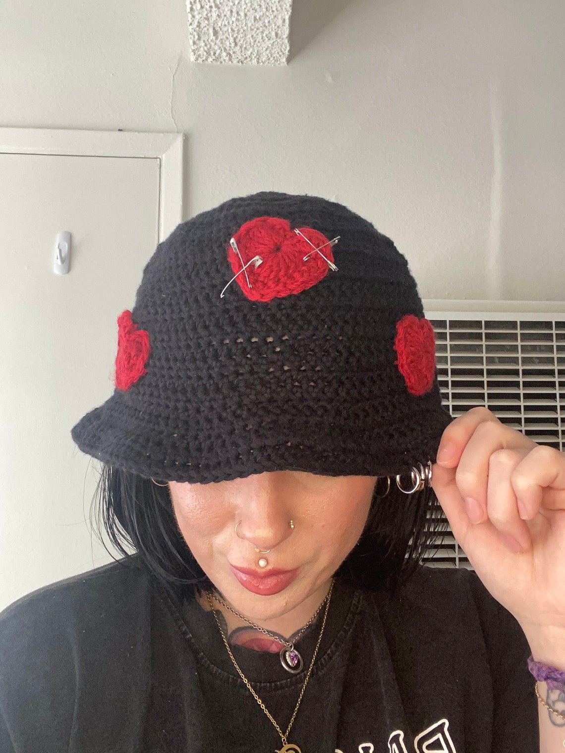 Crochet Bucket Hat, Heart Bucket Hat, Handmade Bucket Hat, Black Bucket