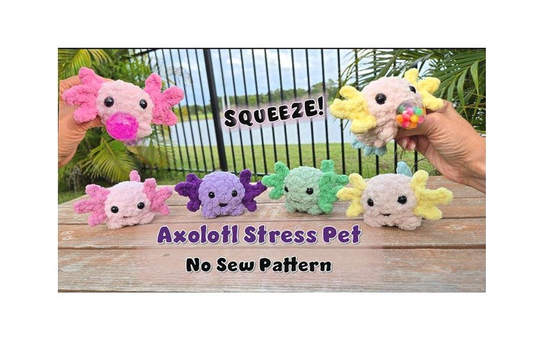 Axolotl Stress ball no sew crochet pattern. Pdf to crochet cute fidget plushies. 
Create adorable little chunky Axolotl with a mini stress toy inside using this clear and simple pattern. You need to know basic crochet to easily complete this project. The pattern has everything you need listed and photos as a visual to help you crochet your own fun Axolotl.