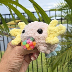 Fast, fun, cute crochet Axolotl. The pattern is clear and easy to follow. You need to know basic crochet and you will enjoy creating from this pattern. The finished toy is exciting to share because of the surprize of the stress ball popping out of its mouth. Not your ordinary Axolotl. Its a fidget toy too. Axolotl and a stress ball toy, a 2 in 1.