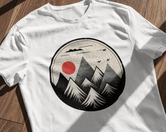 Outdoor T Shirt, Mountain T Shirt, Red Sun, Circle Design, Graphic Tee, Hiking T Shirt, Great Gift!