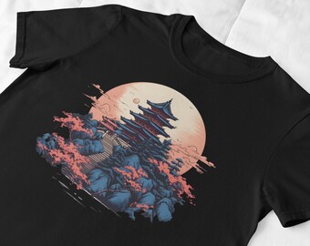 T-shirt temple japonais - soleil rose, rochers bleus et fleurs de cerisier