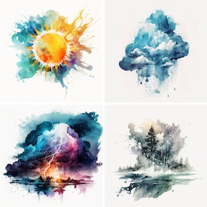 Pode incluir: Uma pintura em aquarela que retrata quatro condições climáticas diferentes: um sol brilhante, uma nuvem chuvosa, um céu tempestuoso com raios e uma cena de floresta nevada.