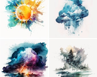 Watercolor Weather Clipart Travel Clipart Digital Planner Images | Set of 20 Images, PNG, For Digital Planner, Scrapbook, or Commercial Use