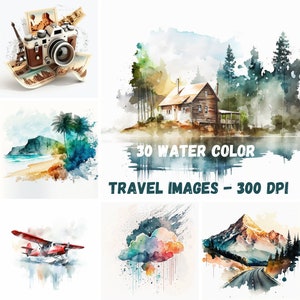 Watercolor Travel Clipart PNG&#39;s Adventure Clipart | Set of 30 Images, PNG&#39;s For Digital Planner, Scrapbook, or Commercial Use