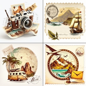 Postales vintage Imágenes prediseñadas Imágenes vintage / Conjunto de 20 imágenes PNG / Planificador digital de viajes divertidos, álbum de recortes o uso comercial
