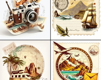 May include: Four vintage-style postcards with travel themes. The first postcard features a camera with a vintage design, the second postcard features a sailboat on the ocean, the third postcard features a vintage map with a van, and the fourth postcard features a plane flying over a mountain range.
