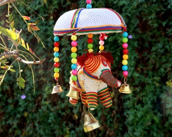 Elephant Wall Hanging with Bells: Colorful Indian Decor (11 inch)