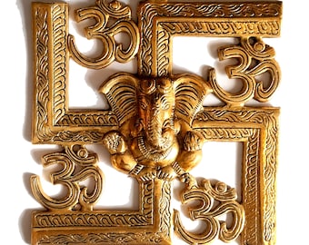 Golden Brass Swastik Ganesha For home Decor wall hanging 8 inch Indian Traditional sculpture hanging article for decoration antique looking