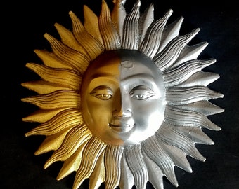 Brass Sun and Moon For home Decor wall hanging Golden Surya 7.5 inch Indian sculpture hanging article for wall hanging decoration antique