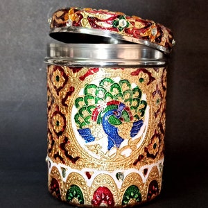 Stainless Stell Food Storage Box Indian Meenakari Work Peacock Design Multi Color Container For Kitchen 400 ml capacity