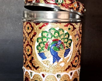 Stainless Stell Food Storage Box Indian Meenakari Work Peacock Design Multi Color Container For Kitchen 400 ml capacity