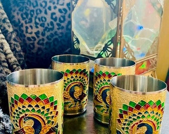 Wine Glass For Drinkware Golden Peacock Print design Stainless Steel Kitchenware Set Serving Water or Drink Glasses