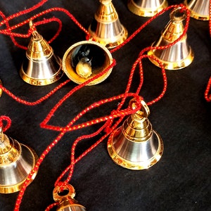 Set of 5 Brass Bells String Layers For Christmas Tree Decor Wall Hanging Jingle Bell Ornaments - 7 bells in one layer - Golden Silver Bells