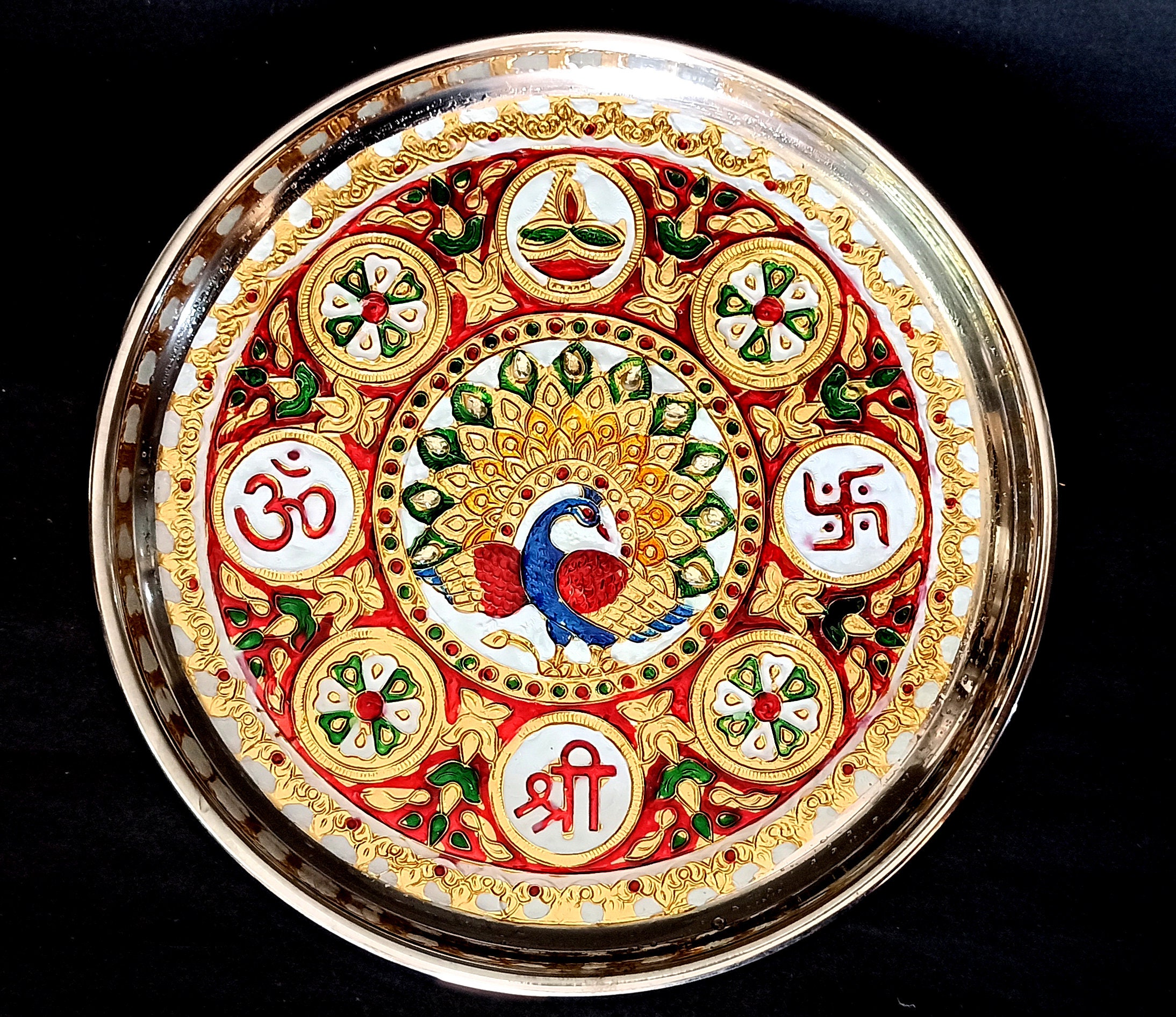 Stainless stell Decorative Indian Pooja thali For Diwali Traditional Meenawork Peacock Design Aarti thali Temple decor 11 inch size