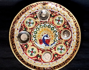 Stainless Steel Diwali Pooja Thali Tray For Temple Decor Arti Thali with Diya Stand Handpainted Mennakari Work Peacock Design 11 inch size