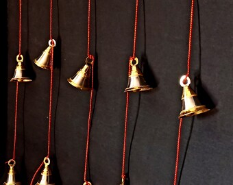 Set of 5 Brass Bells String Layers For Christmas Tree Decor Wall Hanging Jingle Bell Ornaments - 7 bells in one layer - Golden Silver Bells