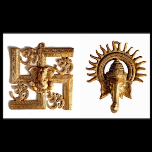 Brass Swastik and Sun Ganesha Wall Hanging: 8 inch Indian Decor
