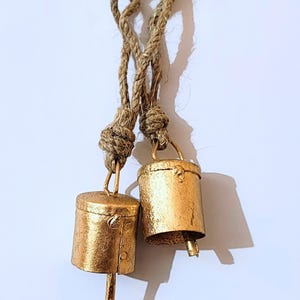 Handmade Golden Tin Cowbells: Rustic Indian Christmas Bells with Jute