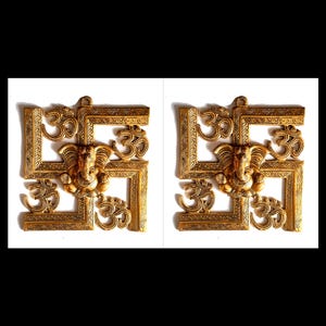Brass Swastik Ganesha Wall Hanging - Indian Home Decor (Set of 2, 8-inch