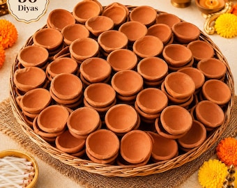 51 Clay Diyas for Diwali home decorations, handmade mud bowl with cotton wicks