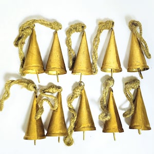 50 Handmade 3 inch Vintage Rustic Bells Golden Cone/Cylinder Shaped Tin Cow Bells With Jute Rope Christmas Decor Wind Chime, Boho Accent