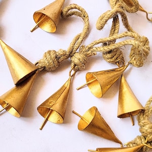 Rustic Golden Tin Bells: 2 Inch Indian Cone Bells with Jute Rope