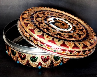 Multi Colour Stainless Steel Dabba For Kitchen Food Storage Container box Peacock Design Round Big Bowl 7 inch