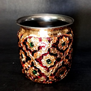 Pooja Temple Decorative Stainless Steel Lota Pot For Diwali Pooja Small Pot For water Tumbler Meenakari Work Indian handmade Design 50 ml