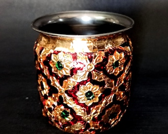 Pooja Temple Decorative Stainless Steel Lota Pot For Diwali Pooja Small Pot For water Tumbler Meenakari Work Indian handmade Design 50 ml