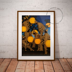 May include: A vintage illustration of a group of people in white costumes carrying glowing lanterns. The lanterns are round and yellow, and the people are walking in a line through a dark forest. The illustration is set against a blue sky with stars.