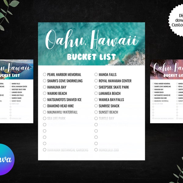 Personnalisable Oahu, Hawaii Bucket List Template - Canva Printable - Modifications illimitées !