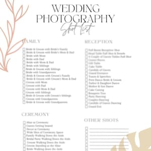 May include: A printable wedding photography shot list checklist with categories for family, ceremony, reception, and other shots. The checklist is on a white background with a brown floral design.
