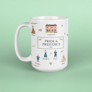 Floral Pride and Prejudice Mug for Coffee or Tea, 15oz, Gift for Jane Austen fans, classical literature lovers, cottage core